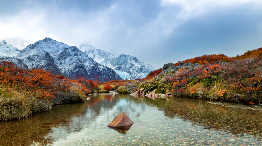 laguna con vegetacion alededor y montanas nevadas a lo lejos